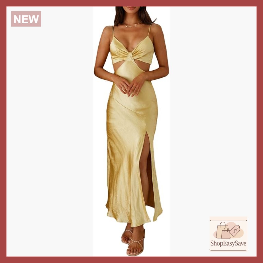 Satin Maxi Dress Cut Out Backless Tie Back V-Neck Formal Evening Party Wear